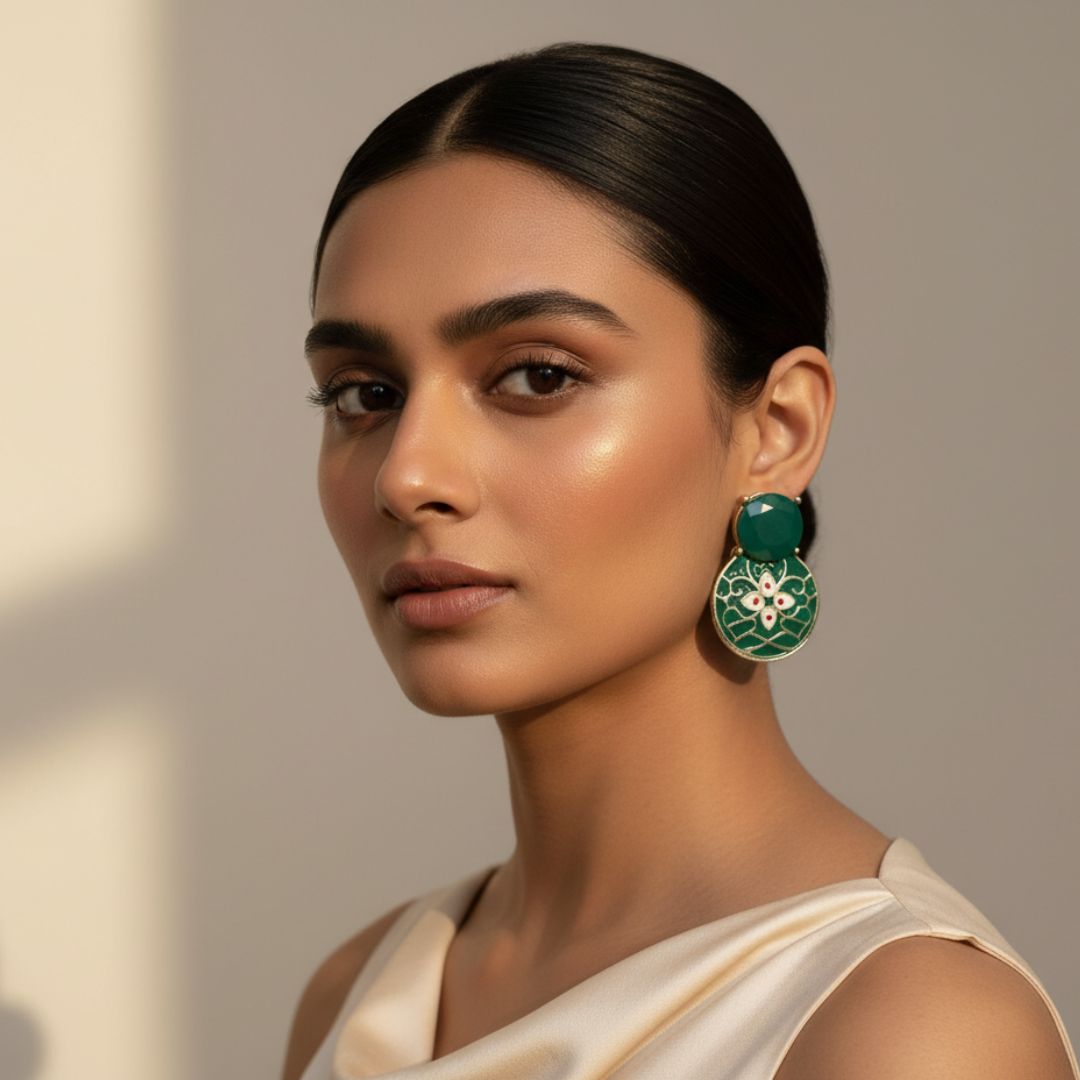 Oxidized Green Enamel Floral Stud Earrings