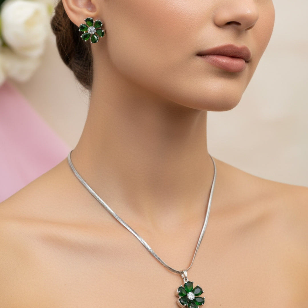 Green Floral American Diamond Necklace Set