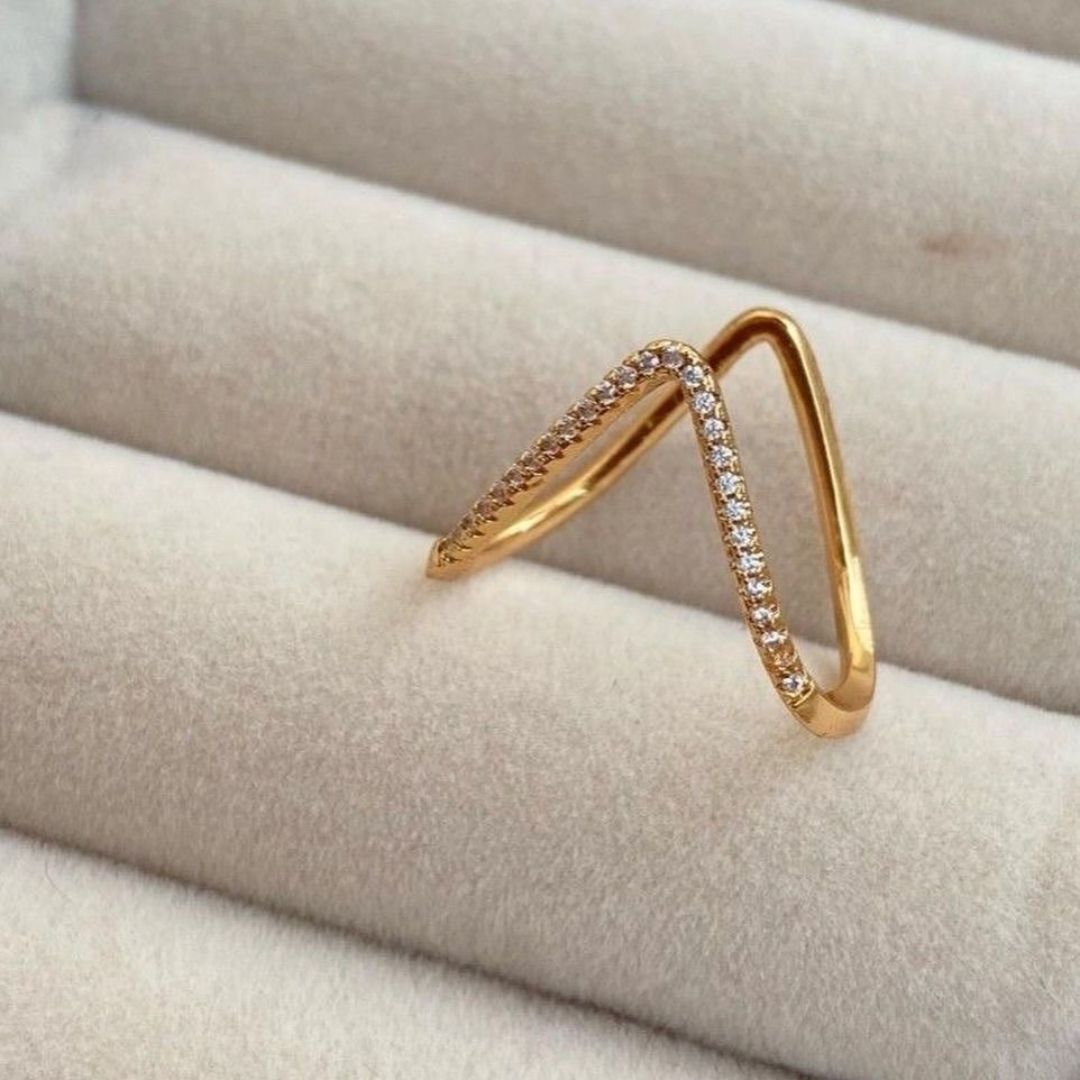 18K Gold Plated Anti-Tarnish V-Shape Crystal Ring