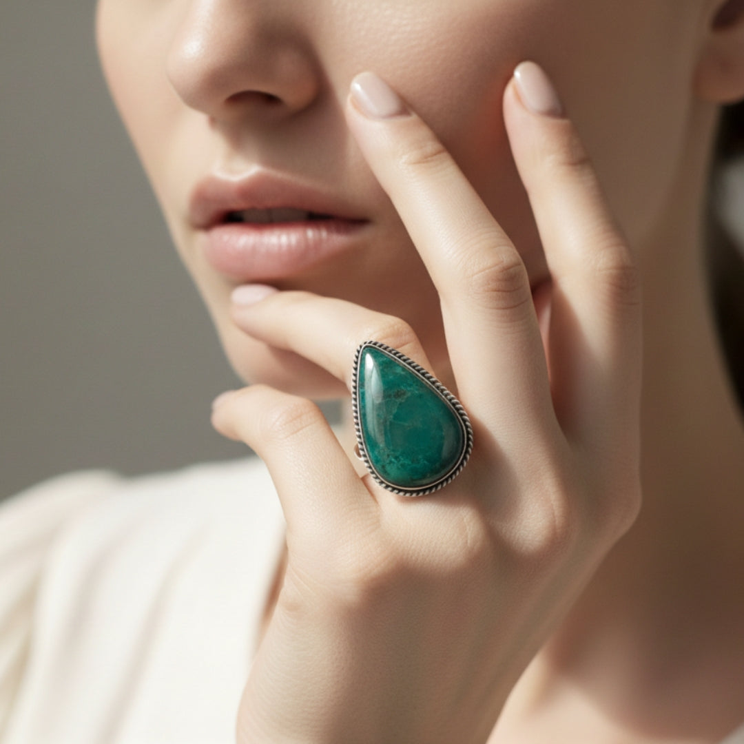 Oxidized Silver Amazonite Teardrop Ring