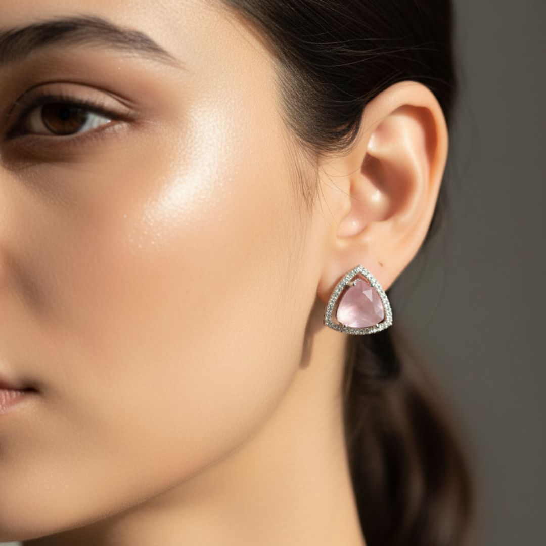 American Diamond Trillion Cut Pink Stud Earrings