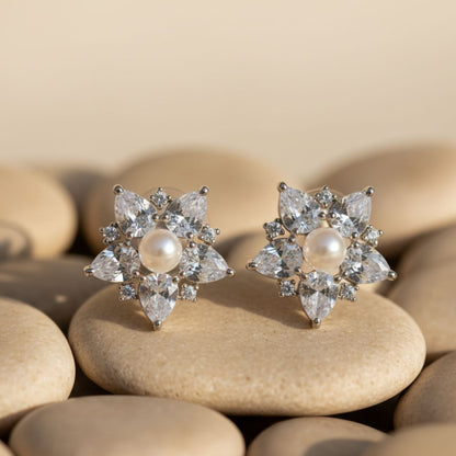 American Diamond Pearl Flower Stud Earrings