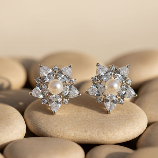American Diamond Pearl Flower Stud Earrings