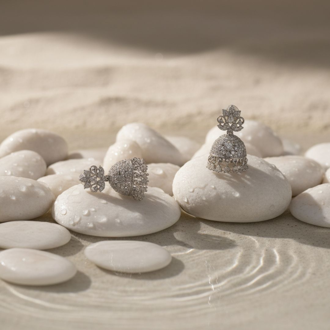 American Diamond Jhumka Earrings – Bridal Silver