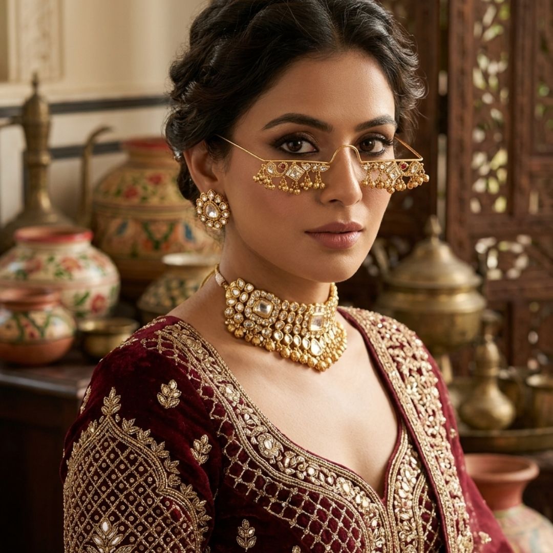Traditional Brass Kundan Nose Accessory with Ghungroo Facelet