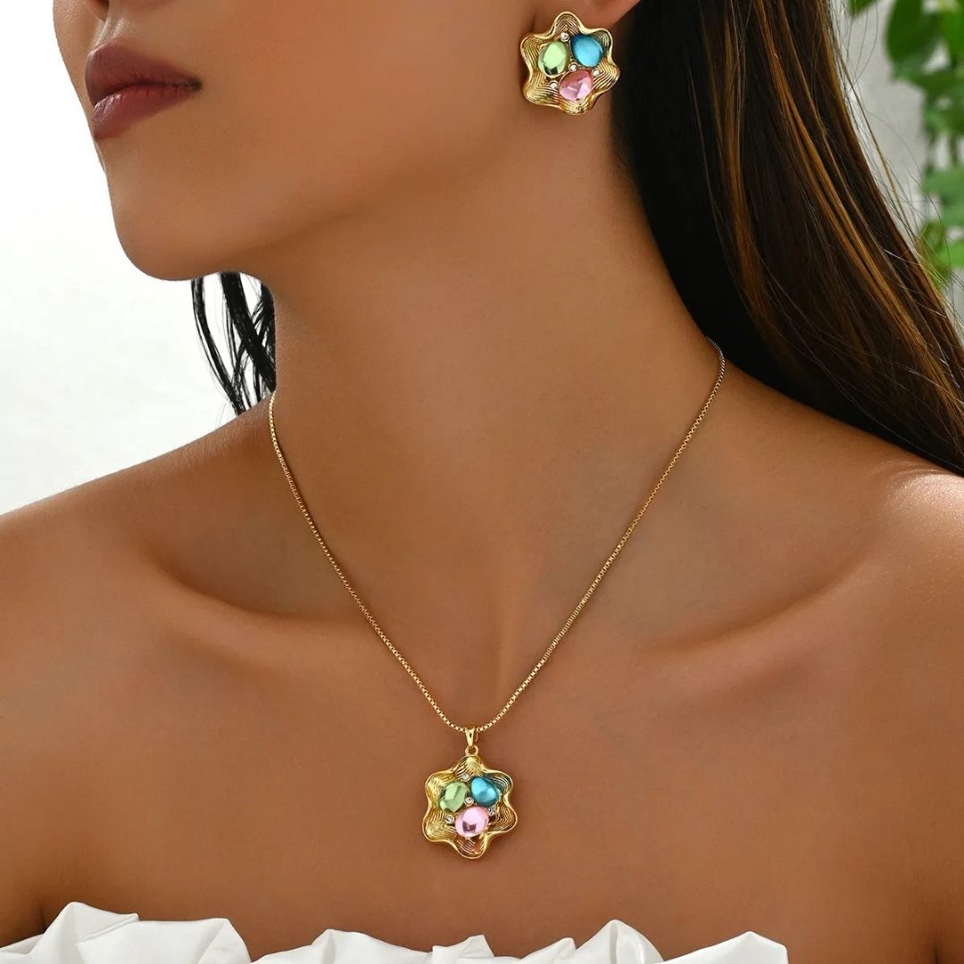 New style women's jewelry set with a unique petal design, earrings and long necklace