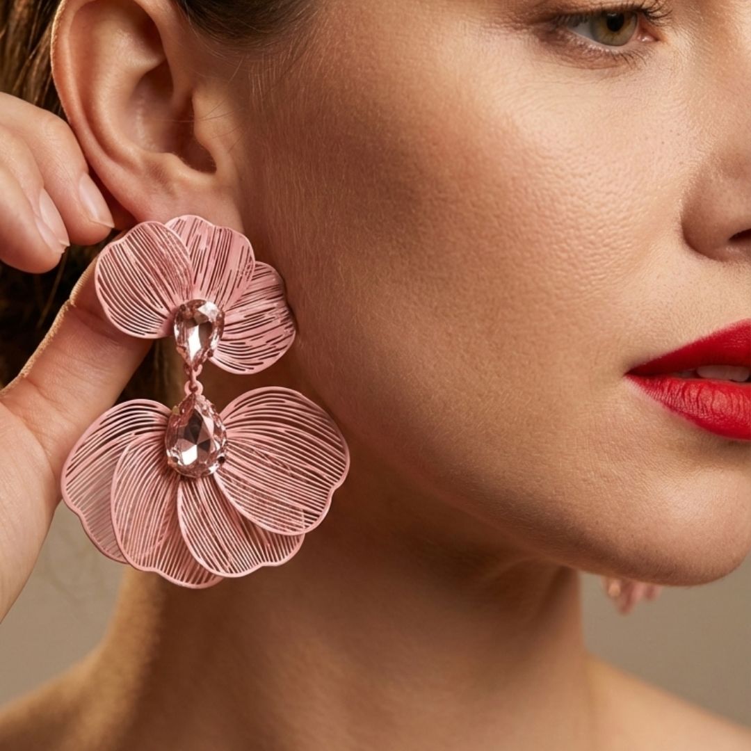 Pink Floral Statement Earrings for Women – Lightweight Party Wear Earrings for Girls