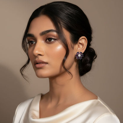 American Diamond Purple Petal Flower Stud Earrings