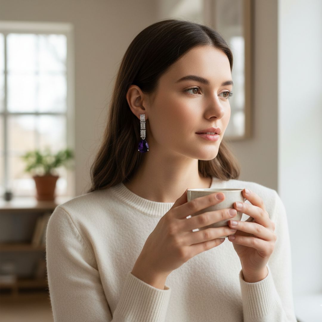 American Diamond Linear Purple Drop Earrings