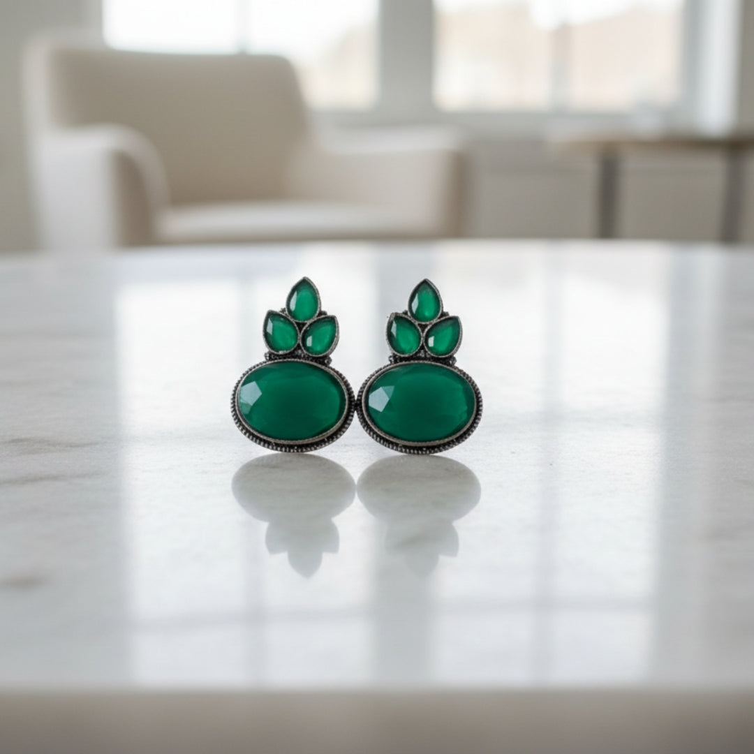 Oxidized Green Stone Oval Stud Earrings