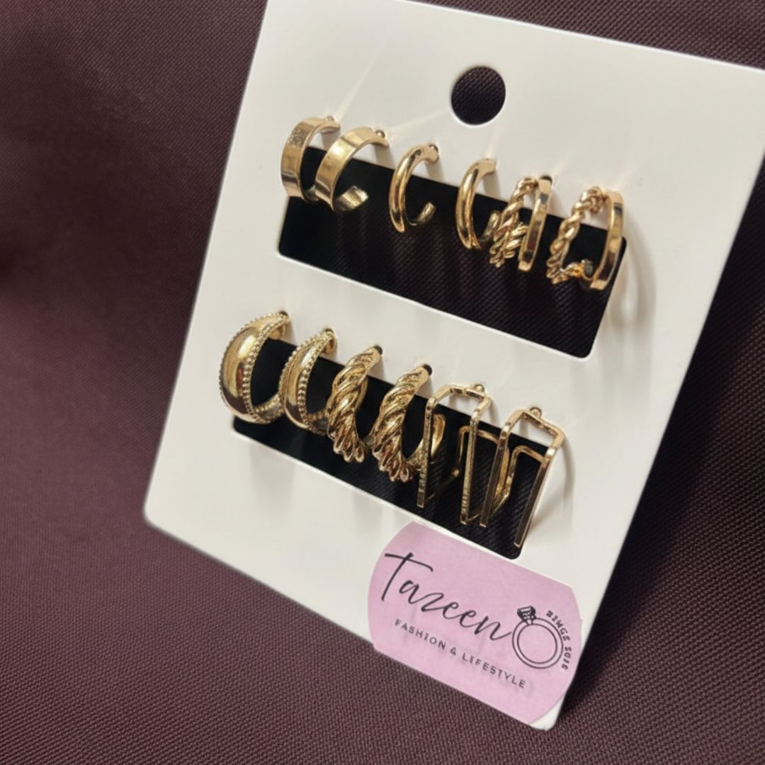 Gold Hoop Earrings Set – 6-Pair Textured & Modern Hoops