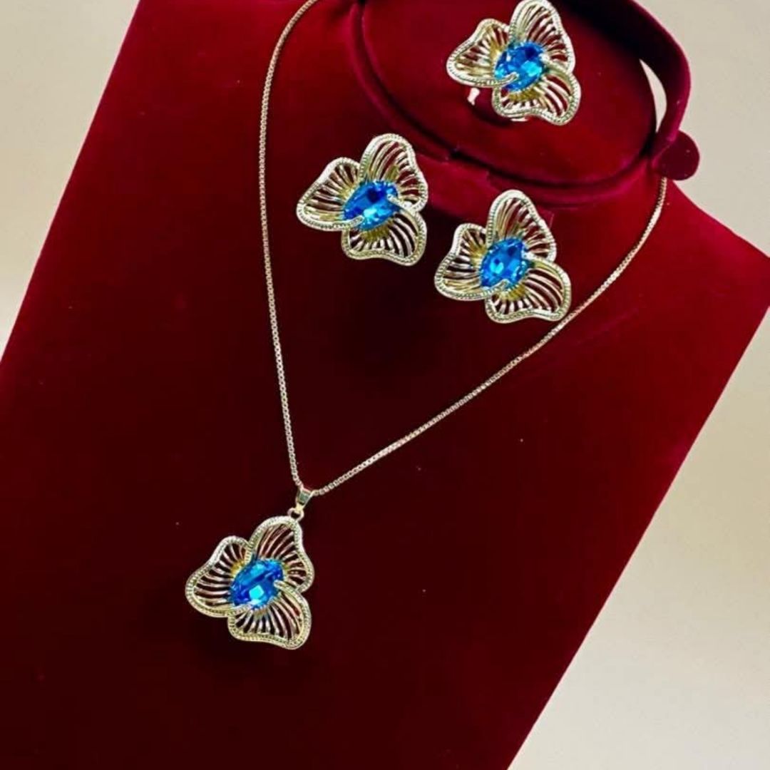 Elegant Blue Zircon Floral Necklace Set with Earrings