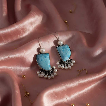 Oxidized Turquoise & Pearl Chandbali Earrings