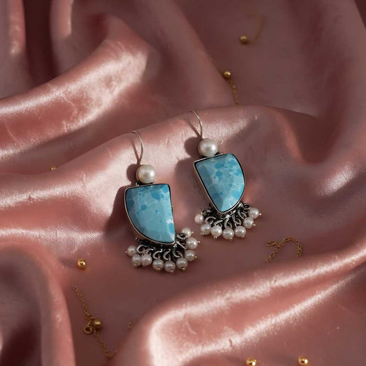 Oxidized Turquoise & Pearl Chandbali Earrings