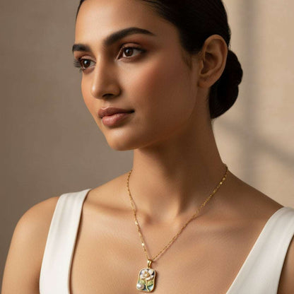 Gold Floral Enamel Pendant Necklace