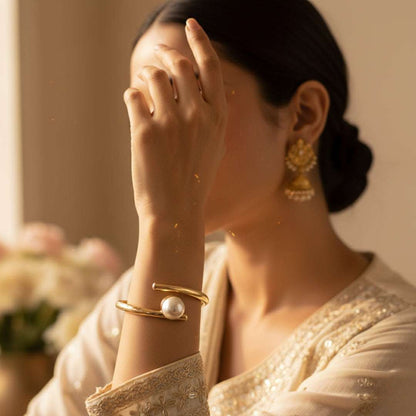 Minimalist Gold Pearl Open Bracelet | Modern Chic Bangle