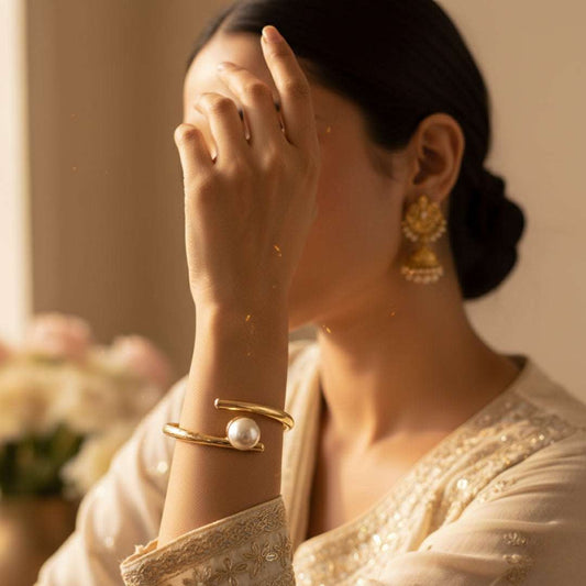 Minimalist Gold Pearl Open Bracelet | Modern Chic Bangle