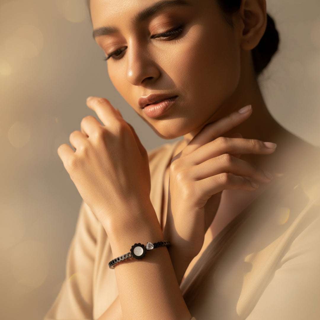 Black Plated Floral Bracelet | Pearl & Crystal Accent Bangle