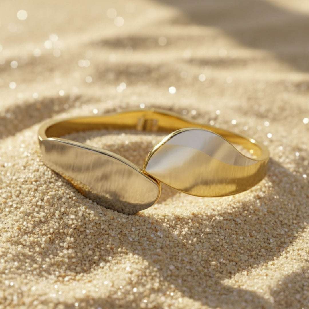 Dual Tone Gold & Silver Designer Bracelet | Modern Leaf Statement Bangle