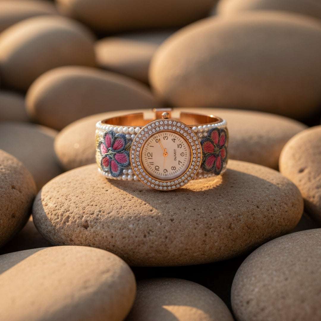 Embroidered Floral Bangle Watch – Pearl & Crystal Accents