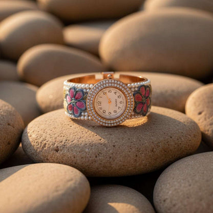 Embroidered Floral Bangle Watch – Pearl & Crystal Accents