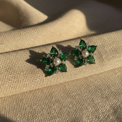 American Diamond Emerald Floral Stud Earrings