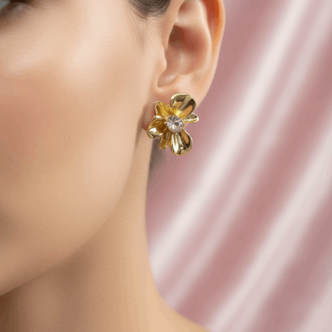 Gold Flower Crystal Stud Earrings