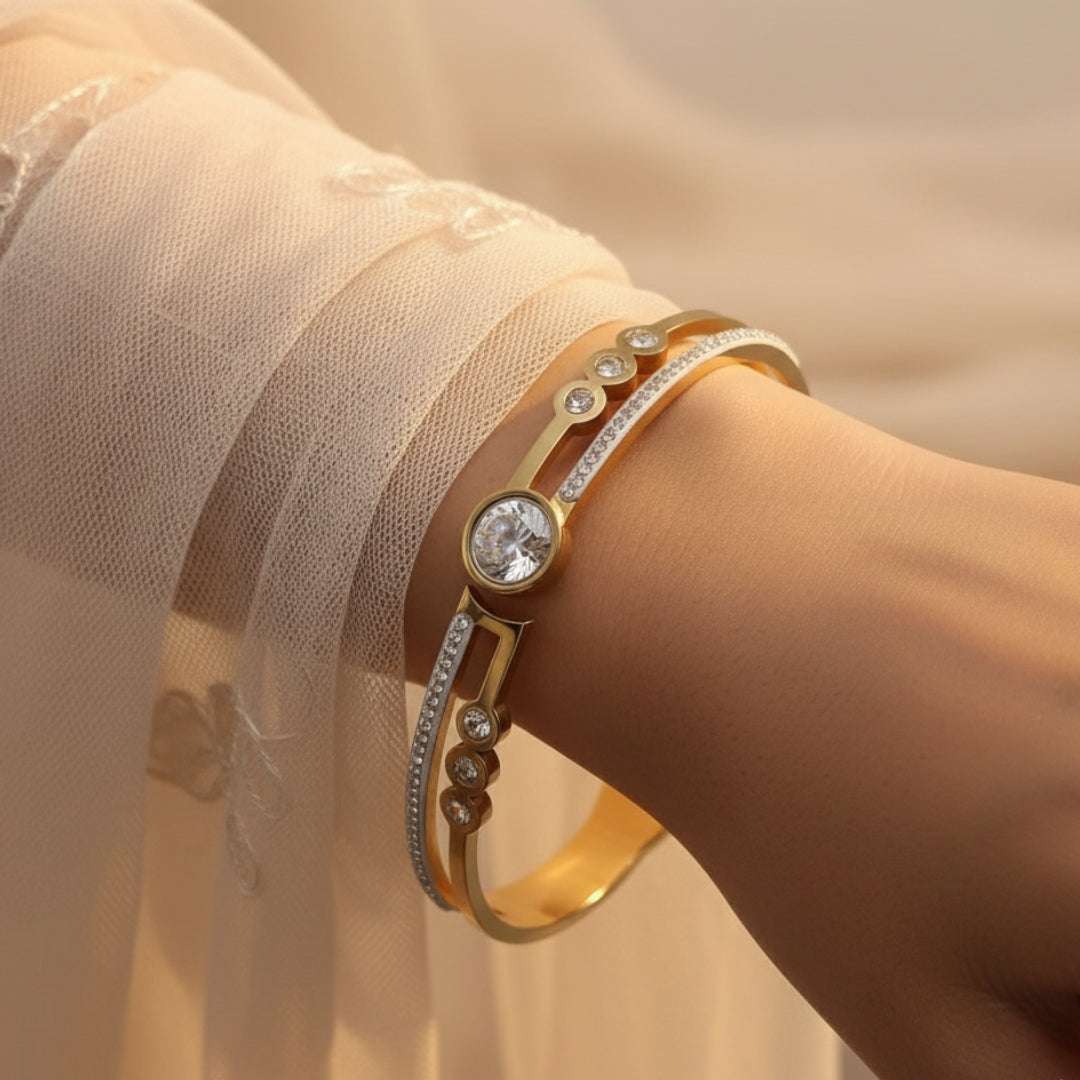 Anti-Tarnish Gold Crystal Bracelet | Elegant Zirconia Bangle