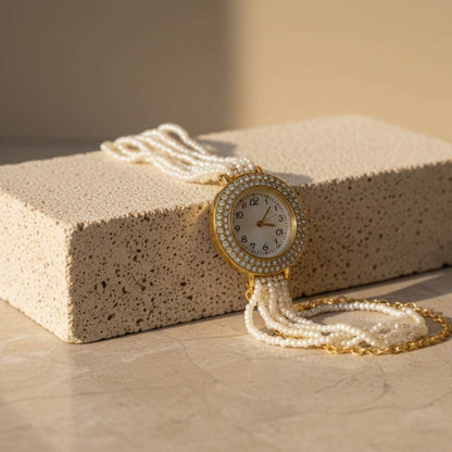 Gold Pearl Strand Watch – Elegant Multi-Layer Bridal Bracelet
