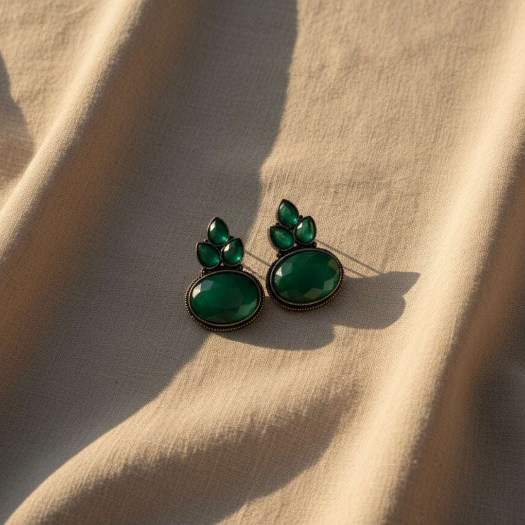 Oxidized Green Stone Oval Stud Earrings
