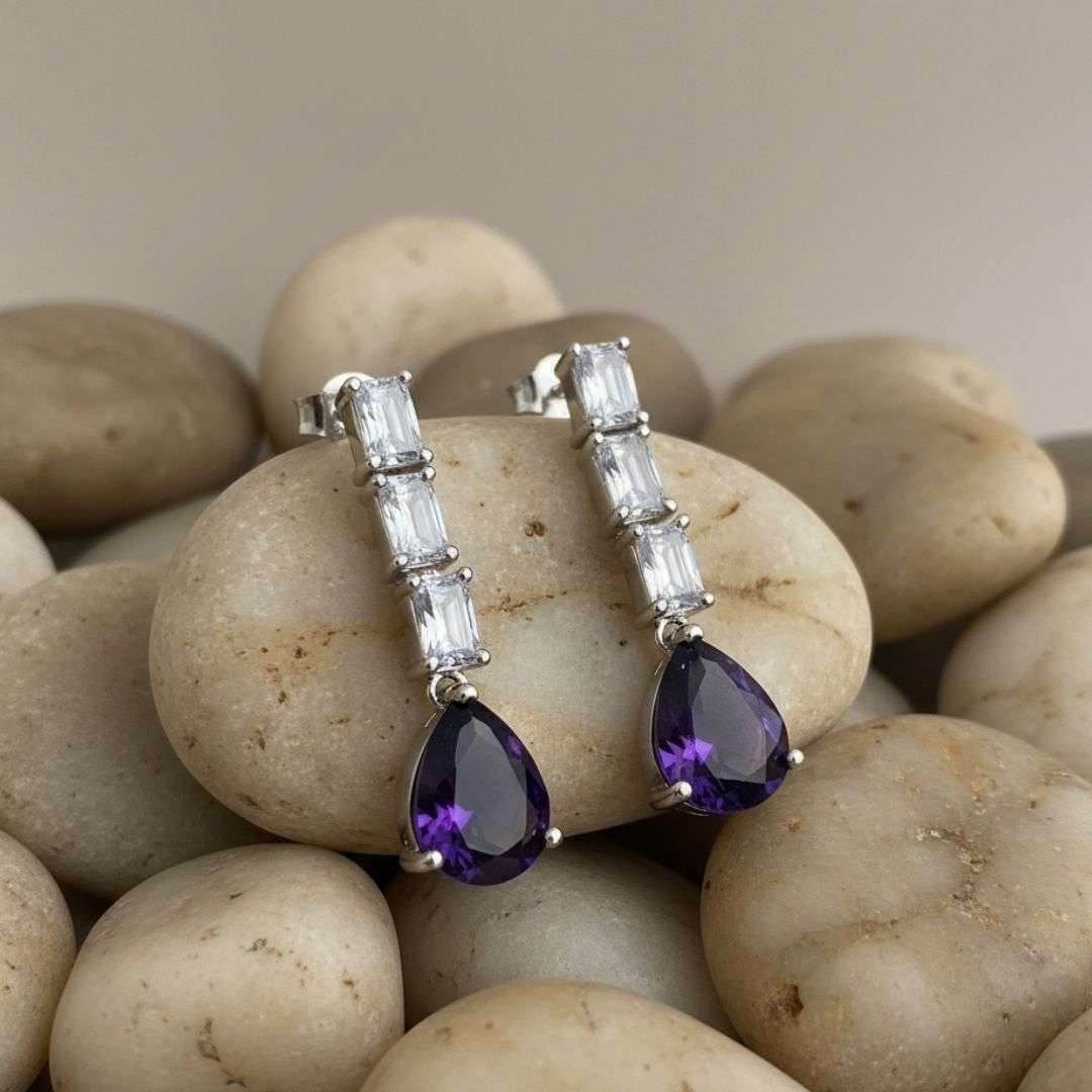 American Diamond Linear Purple Drop Earrings