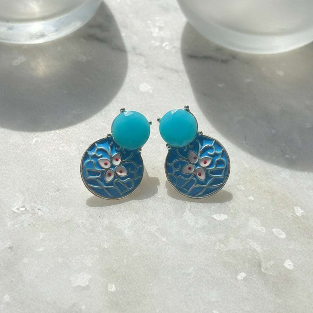 Oxidized Turquoise Blue Enamel Earrings