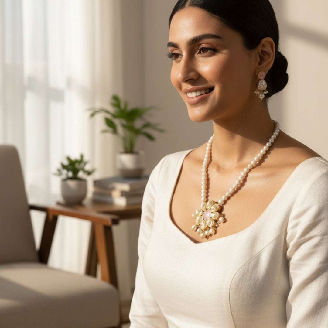 Natural Stone & Pearl Floral Necklace Set