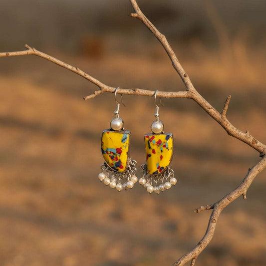 Oxidized Abstract Yellow Stone & Pearl Danglers