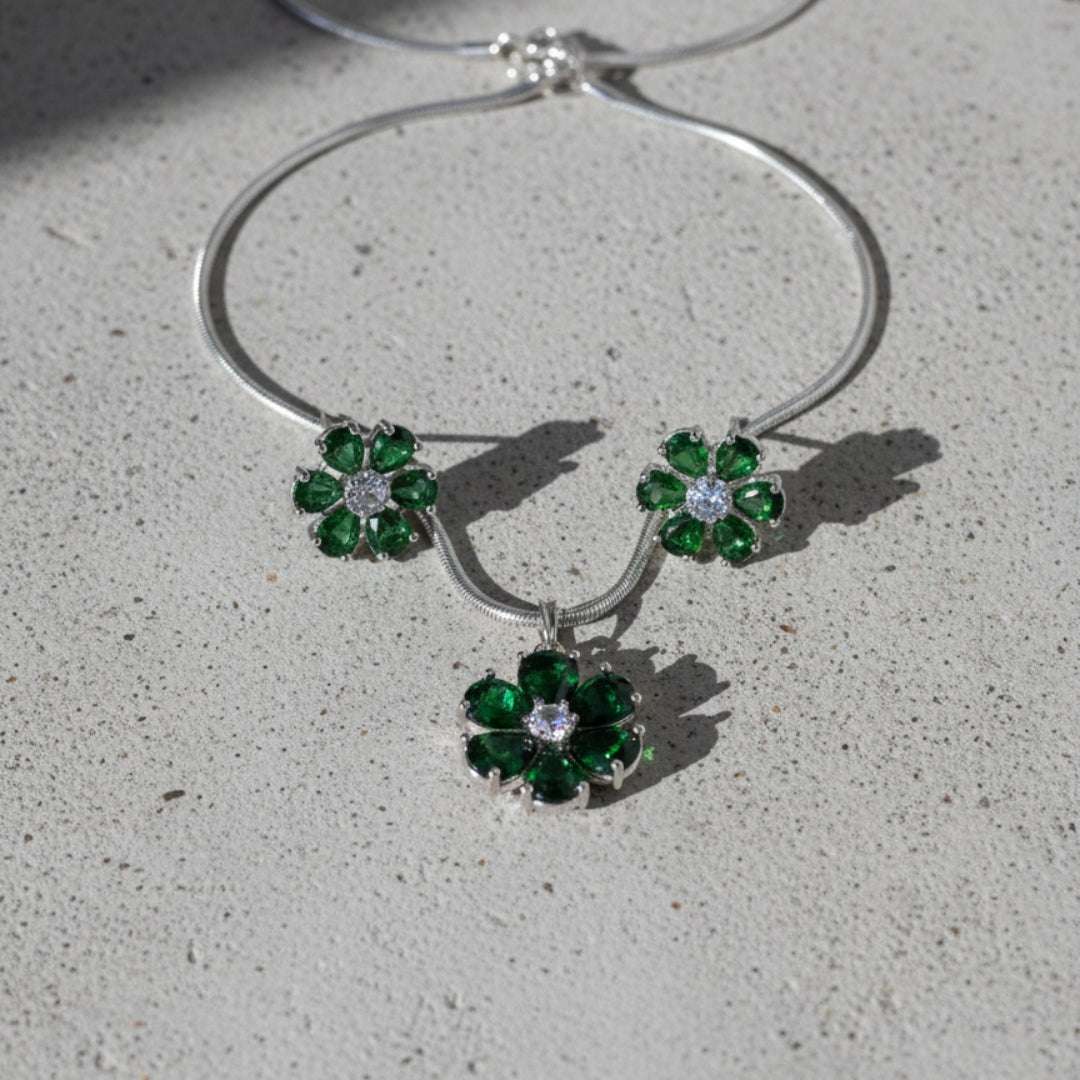 Green Floral American Diamond Necklace Set