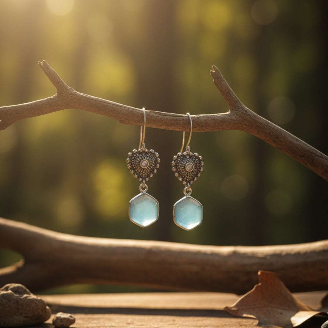 Antique Silver Heart & Aqua Drop Earrings