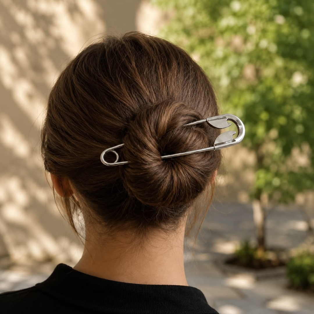 Silver Plated Oversized Safety Pin Hair Bun Stick for Women