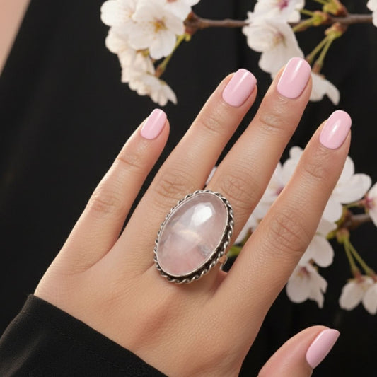 Blush Halo Oval Stone Oxidised Ring