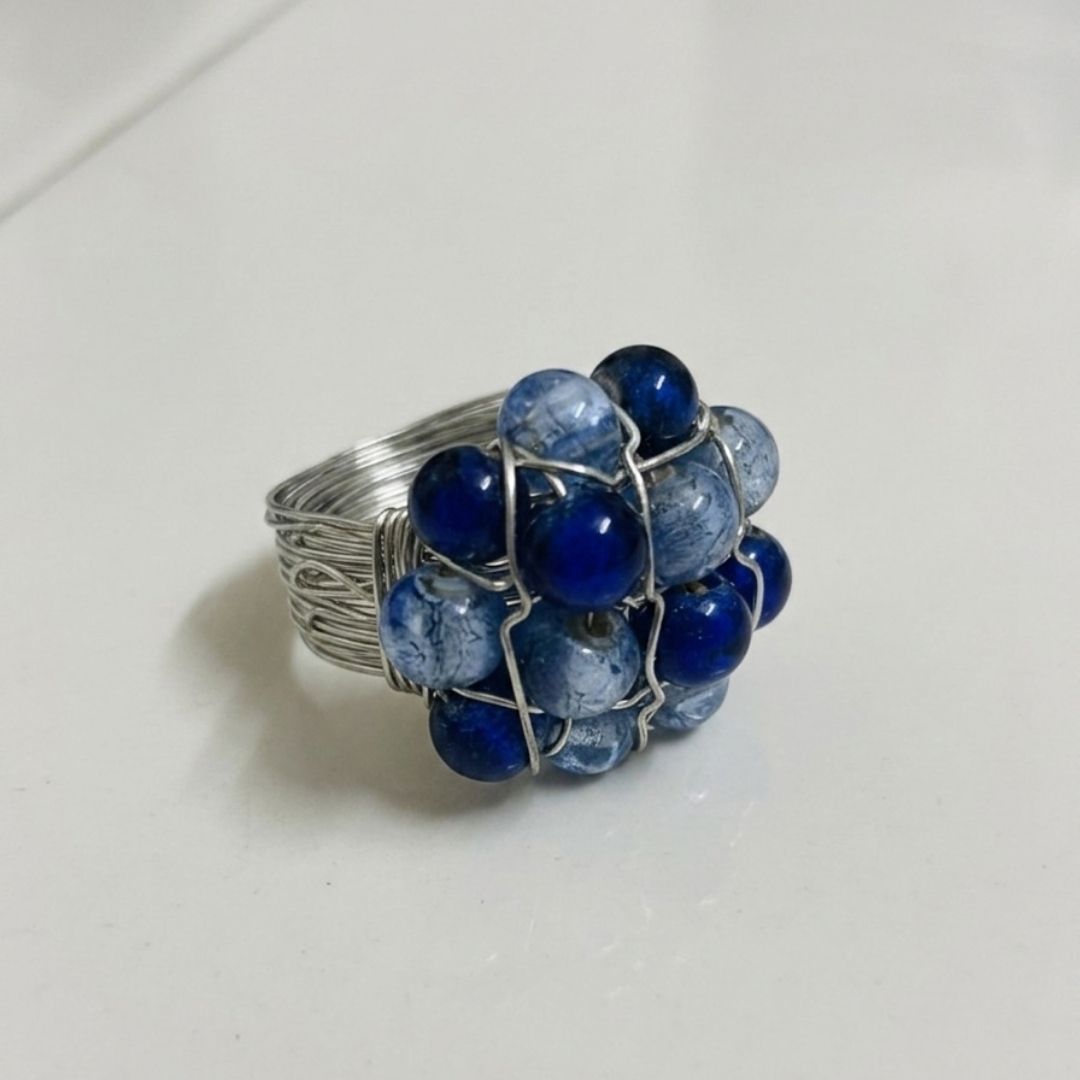 Handmade Blue Beaded Wire Wrap Cluster Ring
