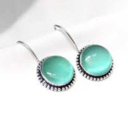 Handcrafted Aqua Blue Cabochon Stone Silver-Tone Dangle Earrings