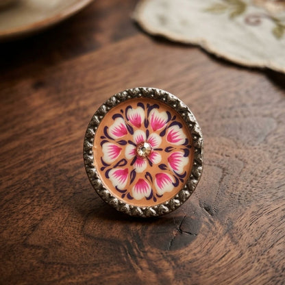 Elegant Meenakari Orange Floral Silver Adjustable Finger Ring