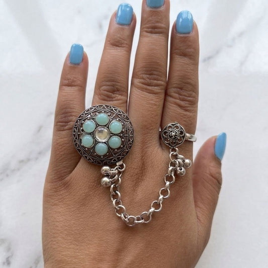 Oxidized German Silver Kashmiri-Style Mint Green Stone Floral Chain Hand Harness Ring