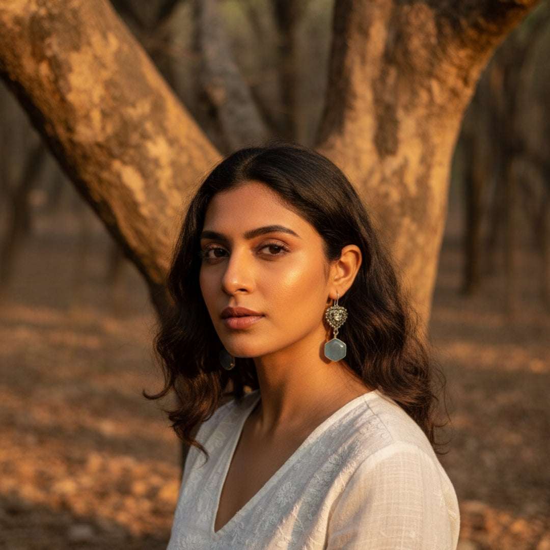 Antique Silver Heart & Aqua Drop Earrings