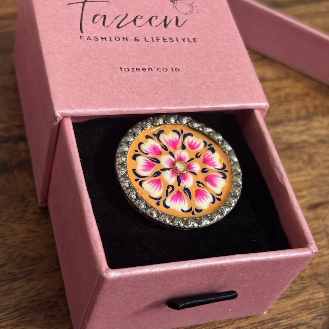 Elegant Meenakari Orange Floral Silver Adjustable Finger Ring