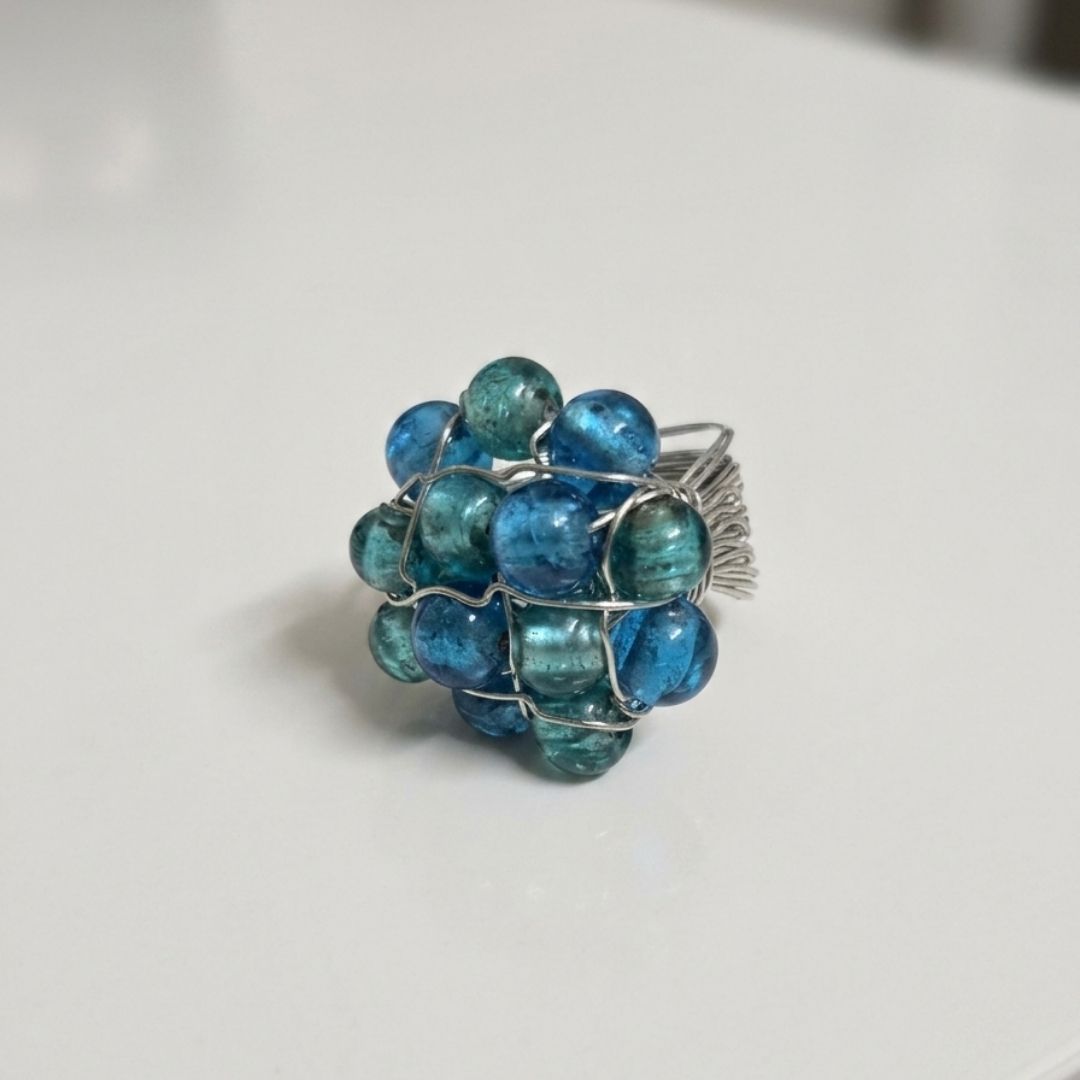 Handmade Blue & Teal Beaded Wire Wrap Statement Ring