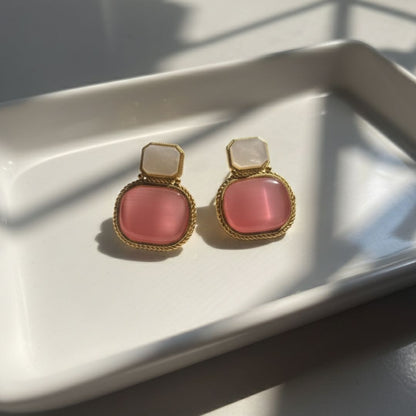 Oxidised Stone Stud Earrings – Soft Pink & Ivory