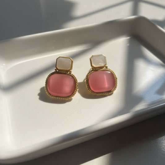 Oxidised Stone Stud Earrings – Soft Pink & Ivory