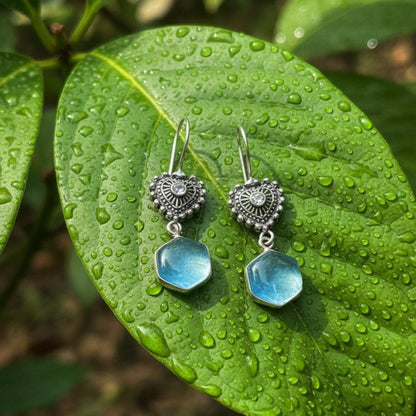 Antique Silver Heart & Aqua Drop Earrings