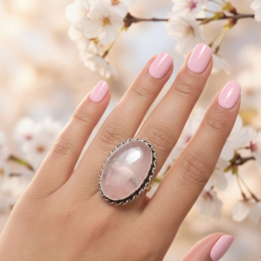 Blush Halo Oval Stone Oxidised Ring