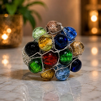 Handmade Multi Color Beaded Wire Wrap Cluster Ring